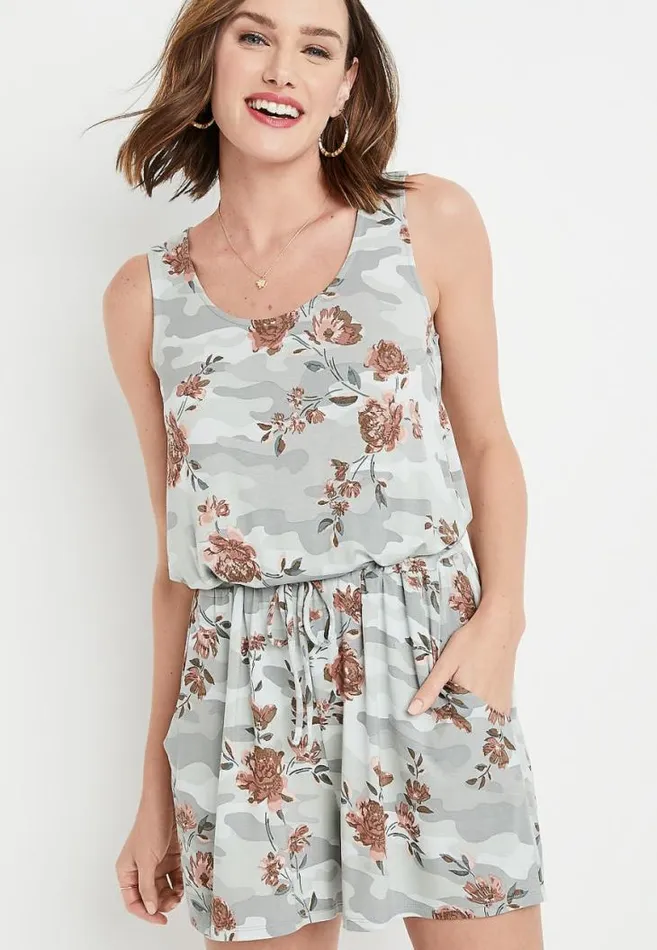 Women 247 Camo And Floral Drawcord Romper Maurices Dresses and Jumpsuits