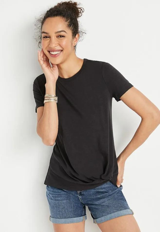Women 247 Dark Gray Front Knot Short Sleeve Top Maurices Tops