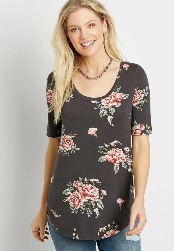 Women 247 Gray Floral Flawless Tee Maurices Tops
