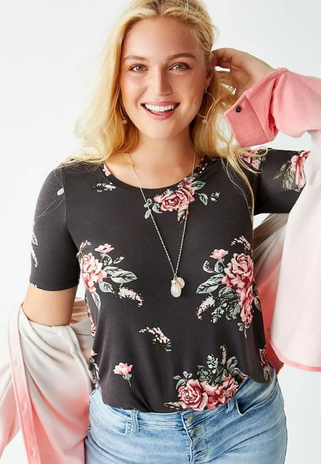 Women 247 Gray Floral Flawless Tee Maurices Tops