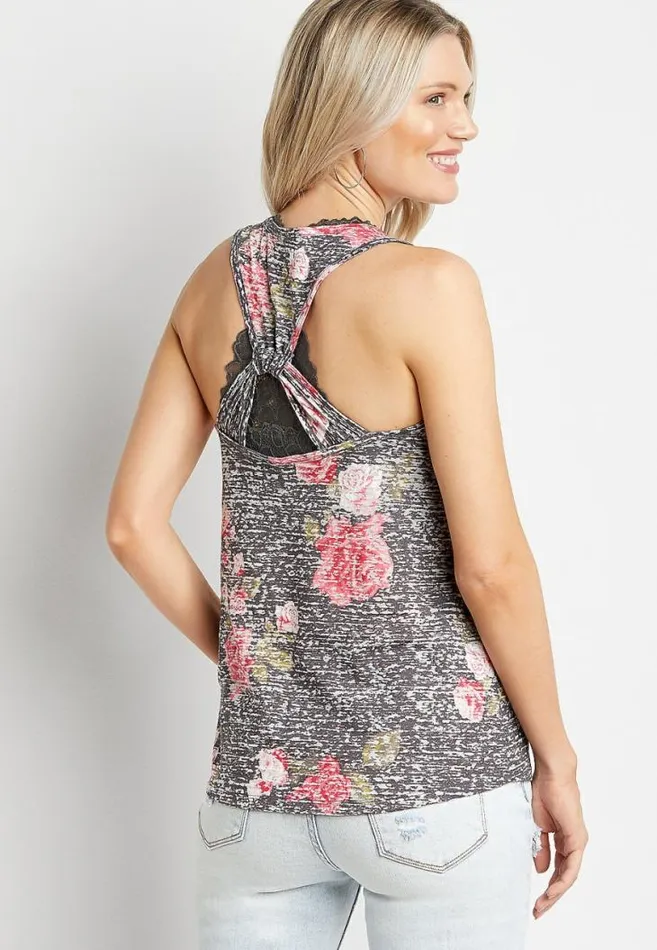 Women 247 Gray Floral Knot Back Tank Top Maurices Tops