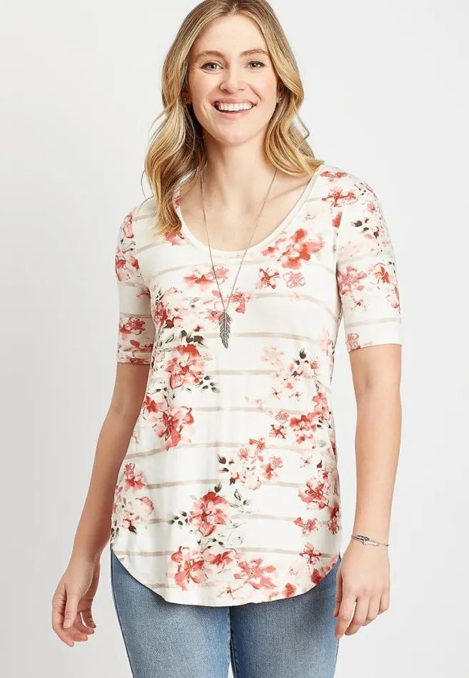 Women 247 Pink Floral Striped Flawless Tee Maurices Tops