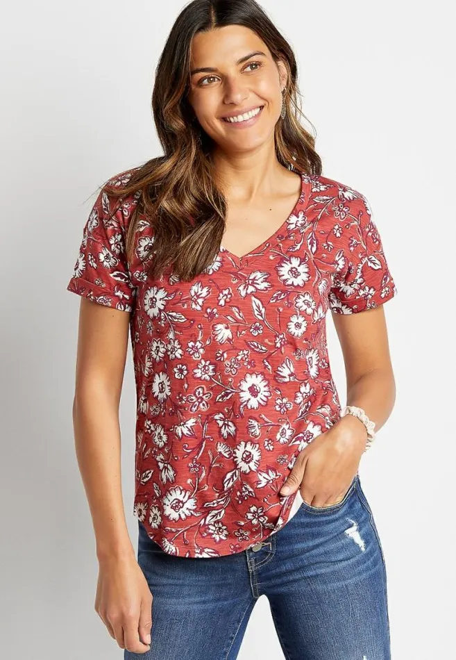 Women 247 Red Floral Drop Shoulder Tee Maurices Tops