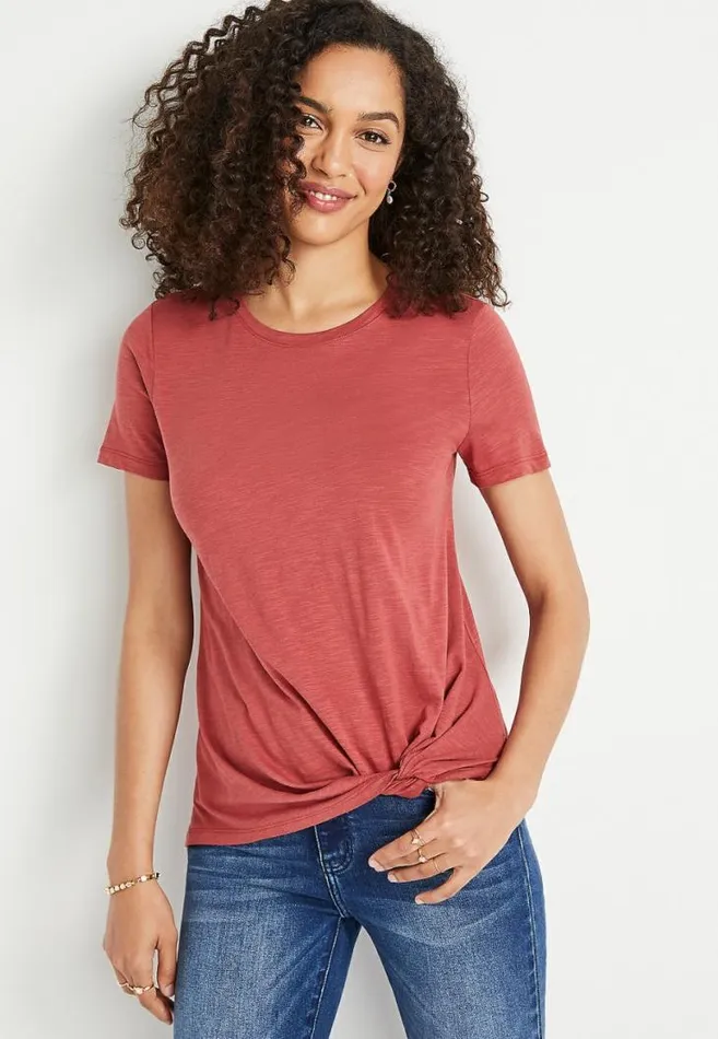Women 247 Red Front Knot Short Sleeve Top Maurices Tops