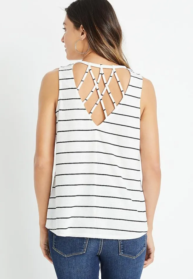 Women 247 White Striped Strappy Back Classic Tank Top Maurices Tops