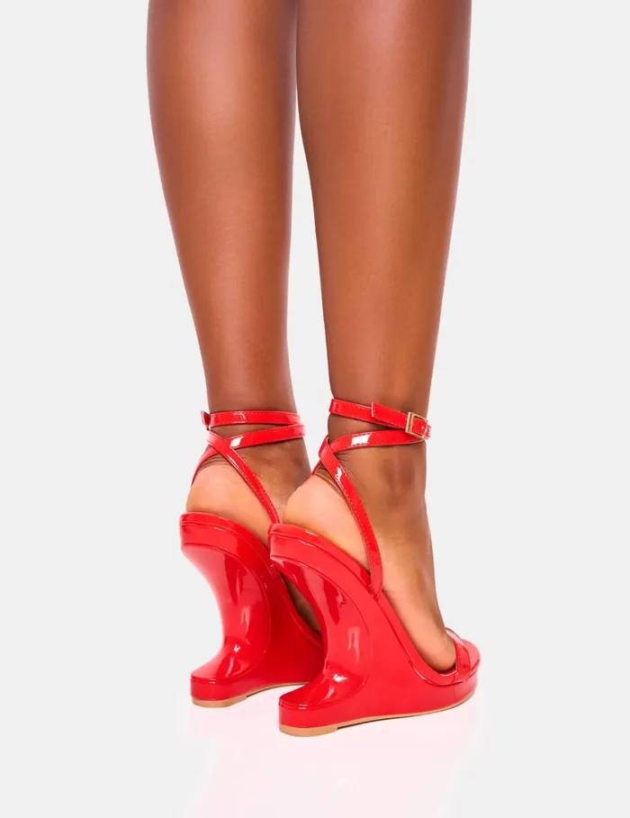 Women Alist Red Barely There Wrap Around Platform Cut Out Wedge Heels Red Public Desire Prom