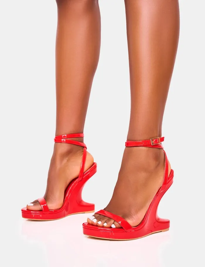 Women Alist Red Barely There Wrap Around Platform Cut Out Wedge Heels Red Public Desire Prom