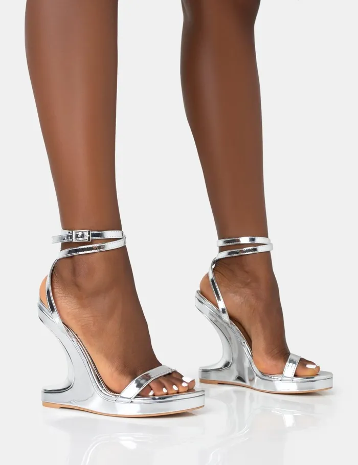 Women Alist Silver Mirror Barley There Wrap Around Platform Cut Out Wedge Heels Silver Public Desire Prom