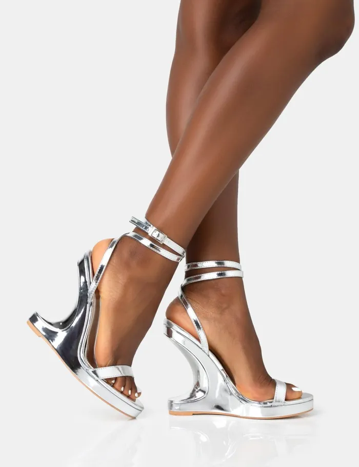Women Alist Silver Mirror Barley There Wrap Around Platform Cut Out Wedge Heels Silver Public Desire Prom