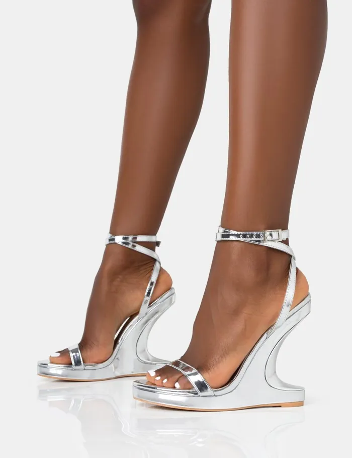 Women Alist Silver Mirror Barley There Wrap Around Platform Cut Out Wedge Heels Silver Public Desire Prom