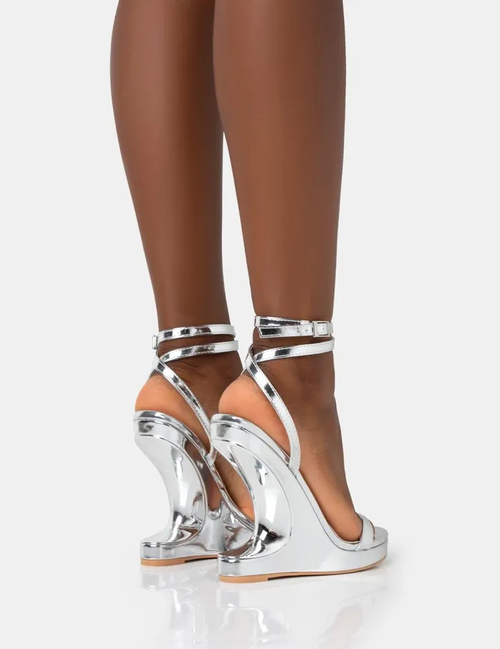 Women Alist Silver Mirror Barley There Wrap Around Platform Cut Out Wedge Heels Silver Public Desire Prom
