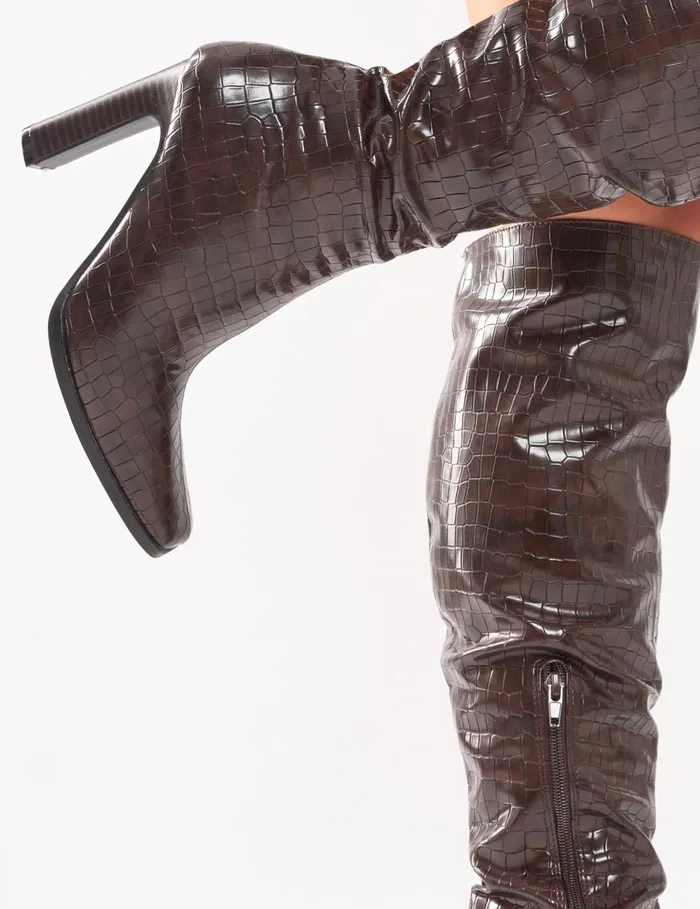 Women Acquilla Brown Croc Knee High Flared Heel Boots Brown Public Desire Long Boots
