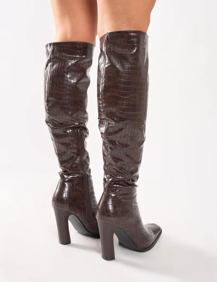 Women Acquilla Brown Croc Knee High Flared Heel Boots Brown Public Desire Long Boots