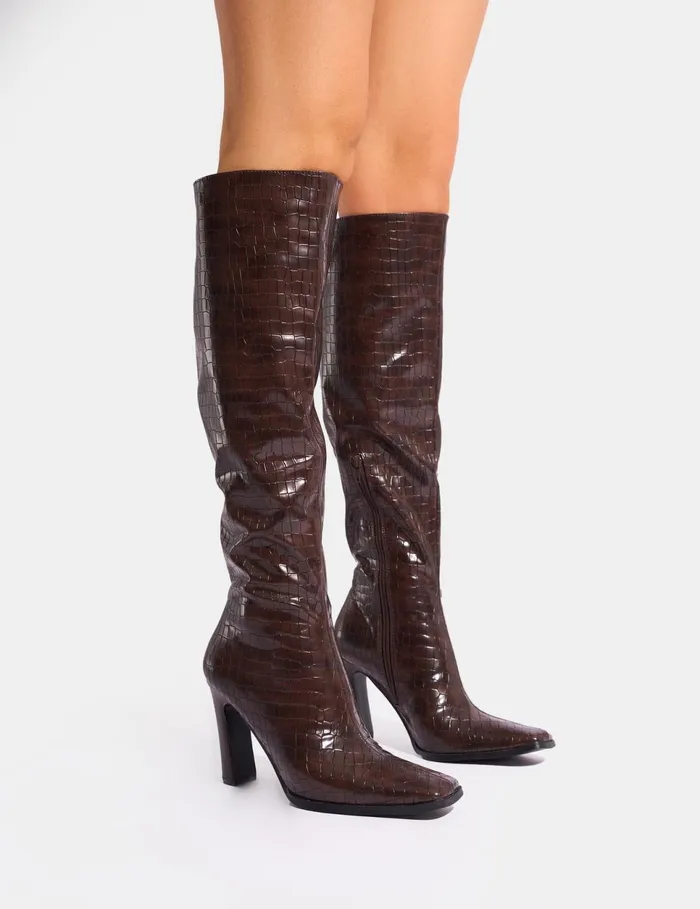 Women Acquilla Brown Croc Knee High Flared Heel Boots Brown Public Desire Long Boots