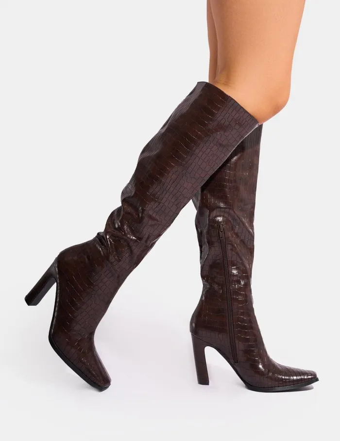 Women Acquilla Brown Croc Knee High Flared Heel Boots Brown Public Desire Long Boots