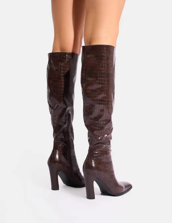 Women Acquilla Brown Croc Knee High Flared Heel Boots Brown Public Desire Long Boots