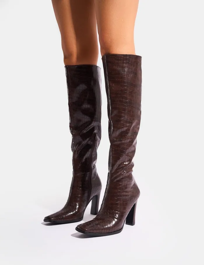 Women Acquilla Brown Croc Knee High Flared Heel Boots Brown Public Desire Long Boots