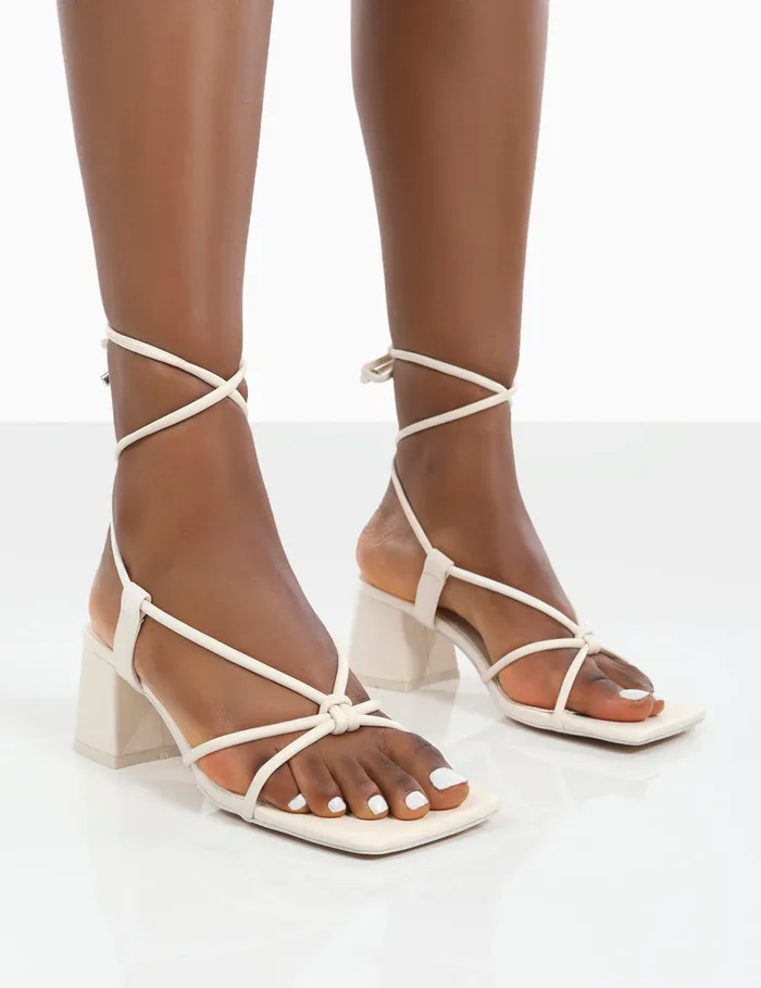 Women Aloha Ecru Lace Up Block Mid Heeled Sandals Ecru Public Desire Wedding