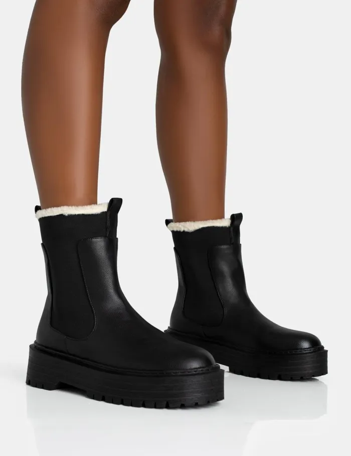 Women Alpine Black Pu Faux Fur Trim Elasticated Ankle Detail Rounded Toe Chunky Sole Ankle Boots Black Public Desire Ankle Boots Women Alpine Black Pu Faux Fur Trim Elasticated Ankle Detail Rounded Toe Chunky Sole Ankle Boots Black Public Desire Ankle Boots