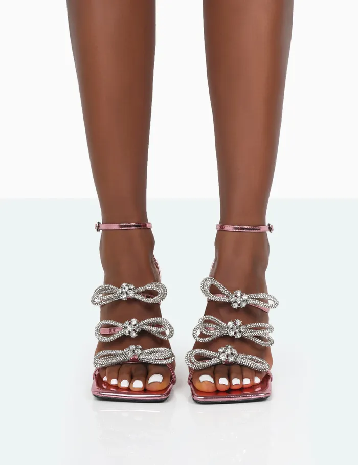 Women Amelia Pink Mirror Diamante Strappy Bow Square Toe Stiletto High Heels Pink Public Desire Occasion