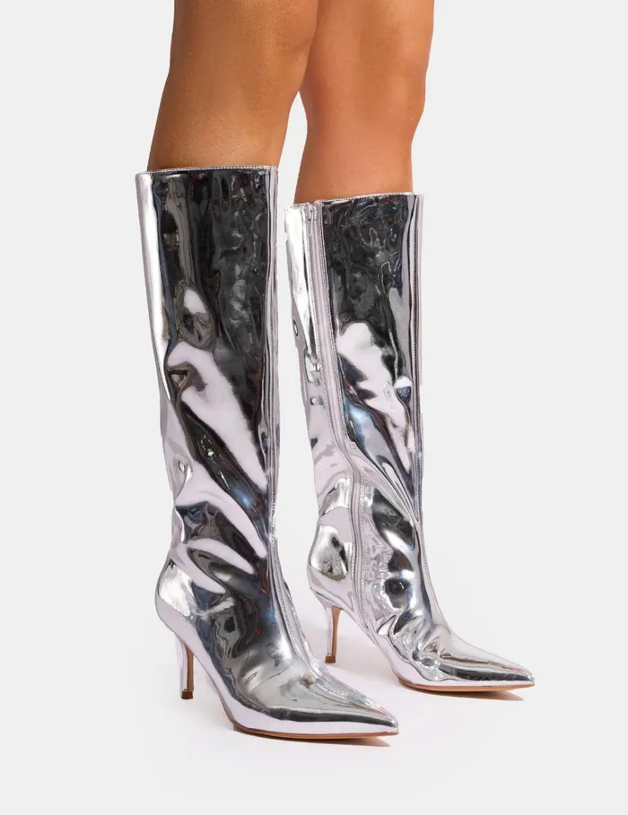 Women Amped Mirror Silver Pointed Toe Mid Heel Knee High Boots Silver Public Desire Long Boots Women Amped Mirror Silver Pointed Toe Mid Heel Knee High Boots Silver Public Desire Long Boots