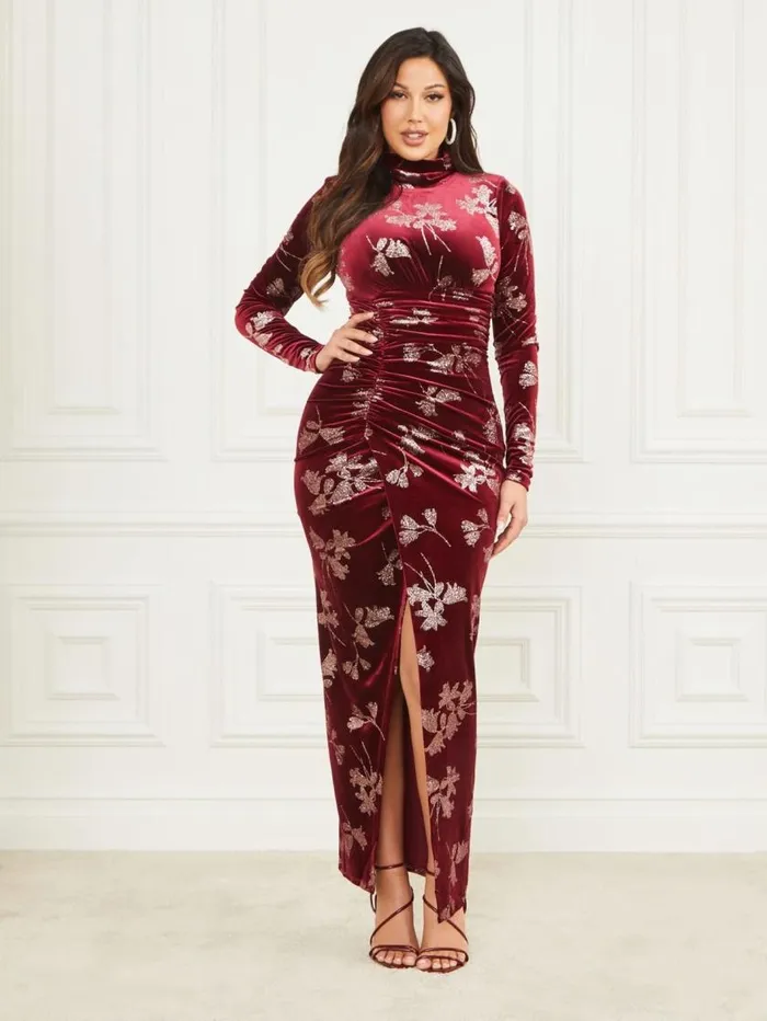 Women Angelica Velvet Maxi Dress Purple Petal With Rose Go Marciano Dresses