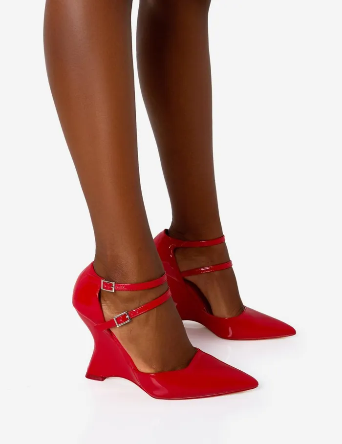 Women Aspiration Red Patent Strappy Pointed Toe Platform Cut Out Wedge Heels Red Public Desire Party Women Aspiration Red Patent Strappy Pointed Toe Platform Cut Out Wedge Heels Red Public Desire Party