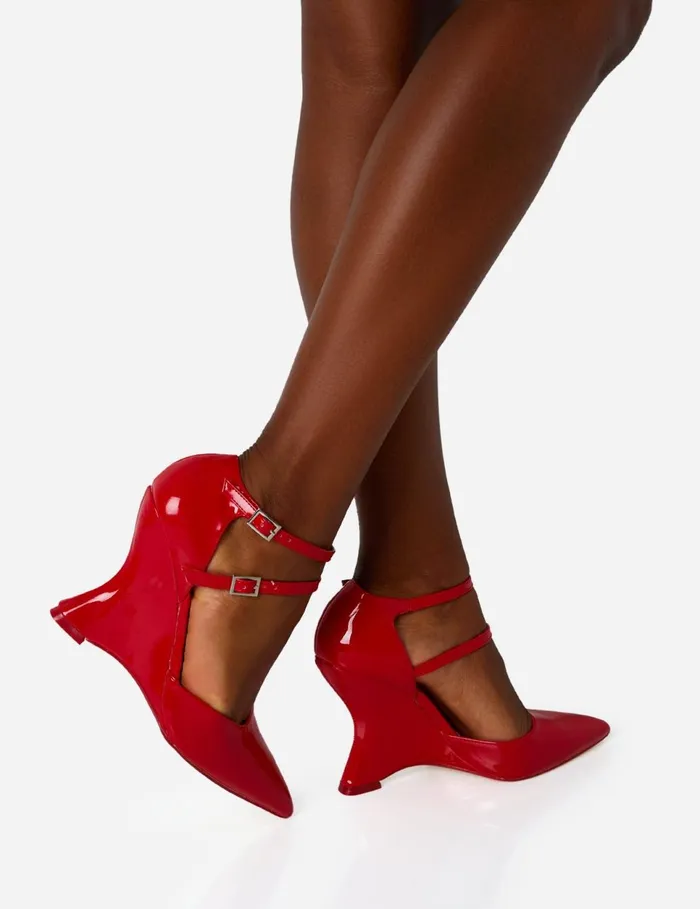Women Aspiration Red Patent Strappy Pointed Toe Platform Cut Out Wedge Heels Red Public Desire Party
