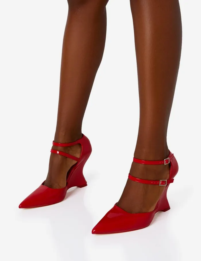 Women Aspiration Red Patent Strappy Pointed Toe Platform Cut Out Wedge Heels Red Public Desire Party