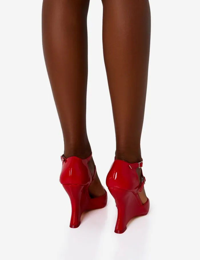 Women Aspiration Red Patent Strappy Pointed Toe Platform Cut Out Wedge Heels Red Public Desire Party