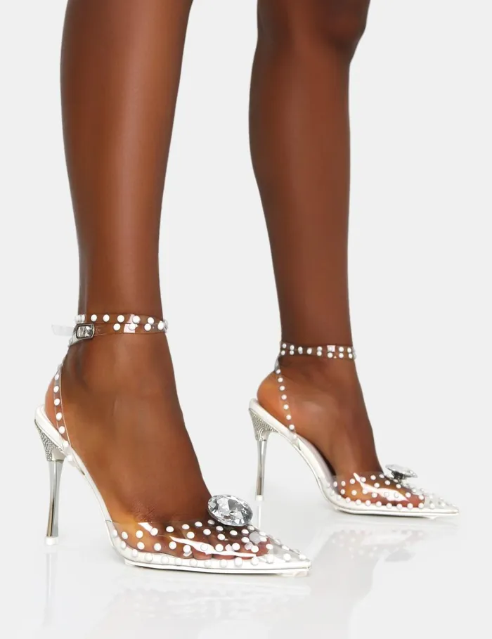 Women Asscher White Pearl Detail Diamante Broach Clear Perspex Wrap Around Pointed Toe Stiletto Heels Red Public Desire Prom