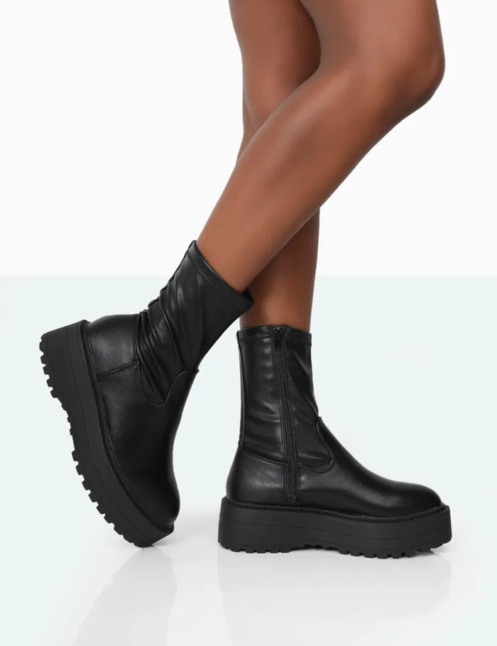 Women Auden Black PU Chunky Sole Ankle Boots Brown Public Desire Ankle Boots