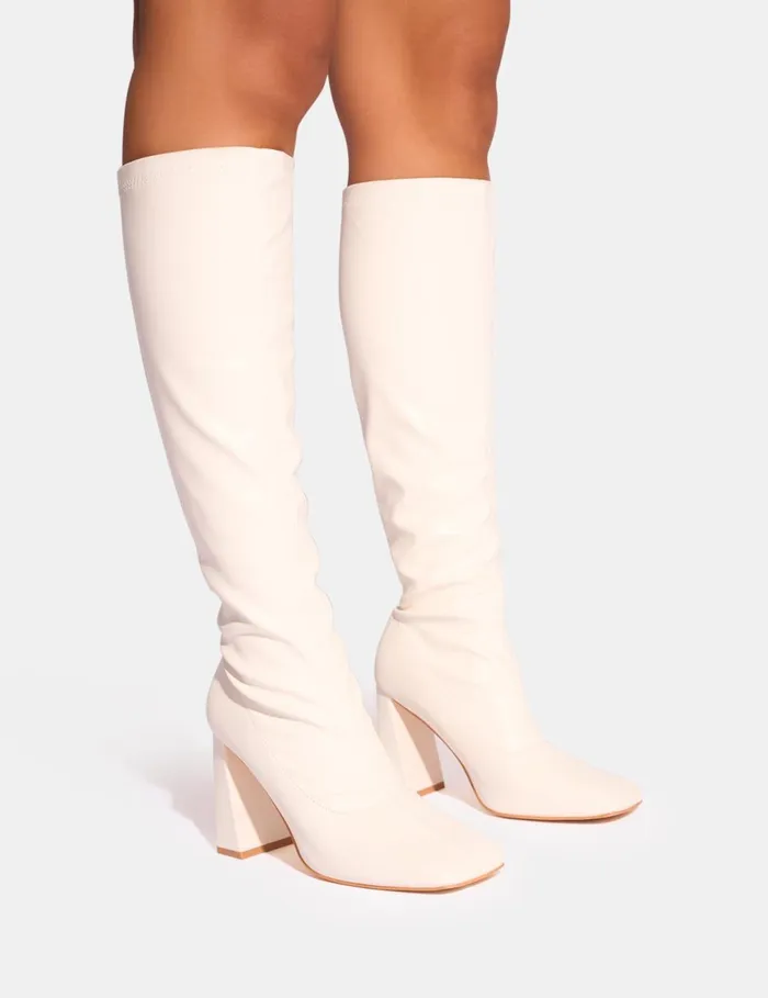 Women Audrina White Pu Block Heel Knee High Sock Boots White Public Desire Block Heels Women Audrina White Pu Block Heel Knee High Sock Boots White Public Desire Block Heels