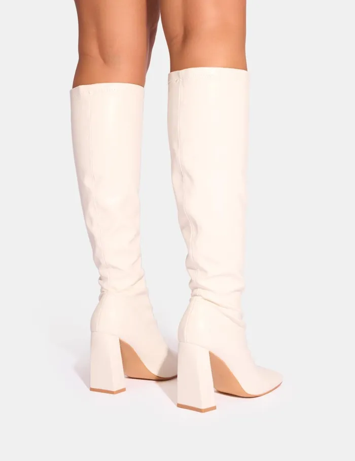 Women Audrina White Pu Block Heel Knee High Sock Boots White Public Desire Block Heels
