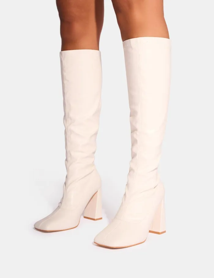 Women Audrina White Pu Block Heel Knee High Sock Boots White Public Desire Block Heels