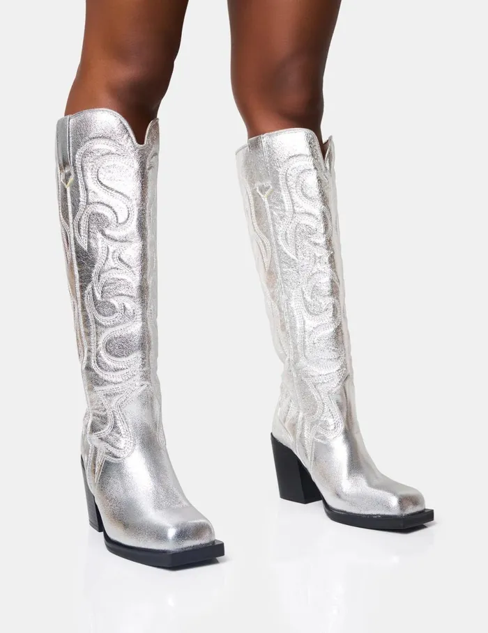 Women Austine Silver Western Block Heel Long Boots Silver Public Desire Festival Women Austine Silver Western Block Heel Long Boots Silver Public Desire Festival