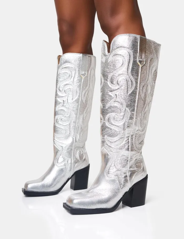 Women Austine Silver Western Block Heel Long Boots Silver Public Desire Festival Women Austine Silver Western Block Heel Long Boots Silver Public Desire Festival