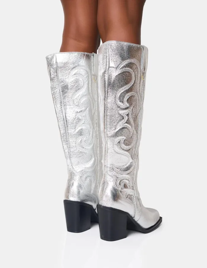 Women Austine Silver Western Block Heel Long Boots Silver Public Desire Festival Women Austine Silver Western Block Heel Long Boots Silver Public Desire Festival