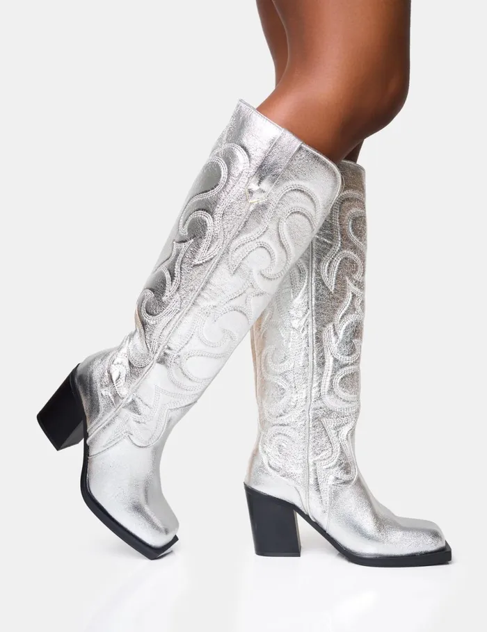 Women Austine Wide Fit Silver Western Block Heel Knee High Boots Silver Public Desire Festival Women Austine Wide Fit Silver Western Block Heel Knee High Boots Silver Public Desire Festival