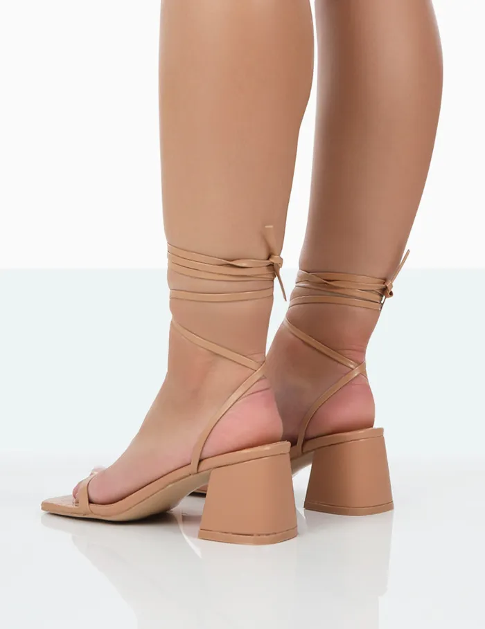 Women Babeass Caramel Pu Sqaure Toe Lace Up Block Mid Heeled Sandals Neutral Public Desire Lace Up Heels