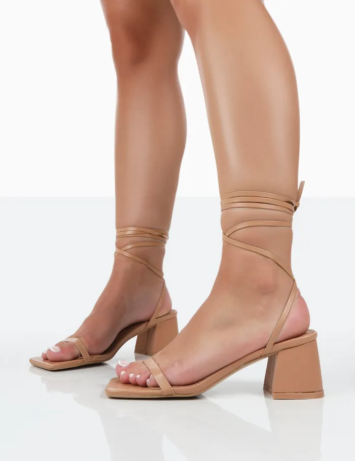 Women Babeass Caramel Pu Sqaure Toe Lace Up Block Mid Heeled Sandals Neutral Public Desire Lace Up Heels