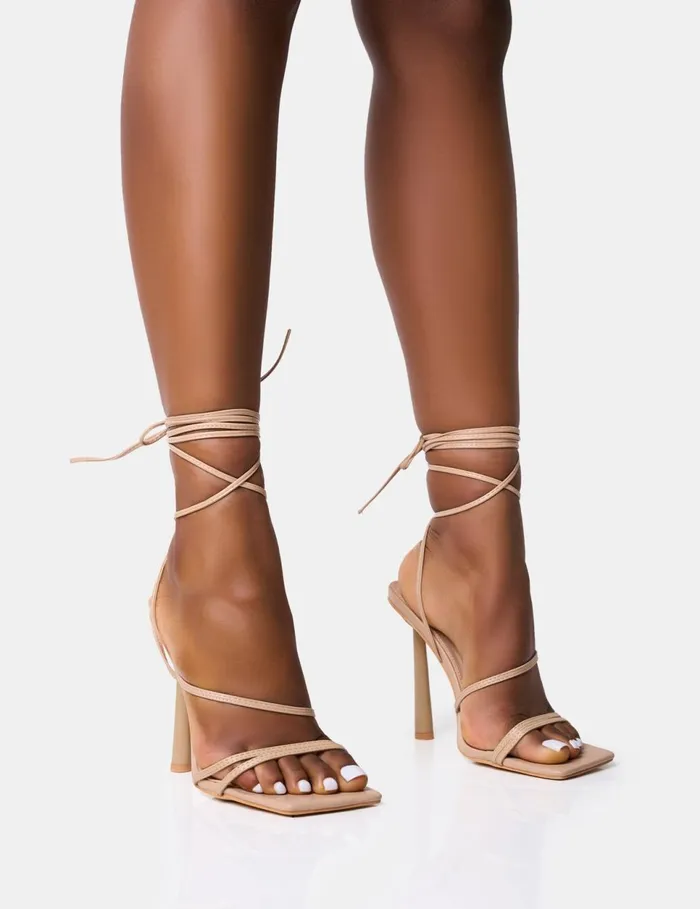 Women Bad Gal Nude Strappy Lace Up Square Toe Heels Nude Public Desire Party