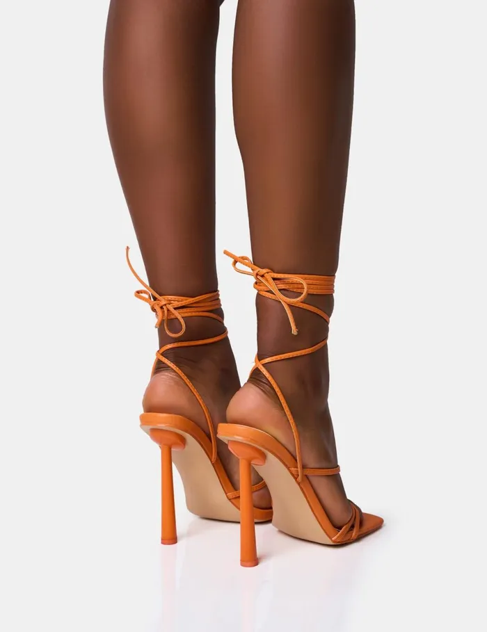 Women Bad Gal Orange Strappy Lace Up Square Toe Heels Orange Public Desire Party