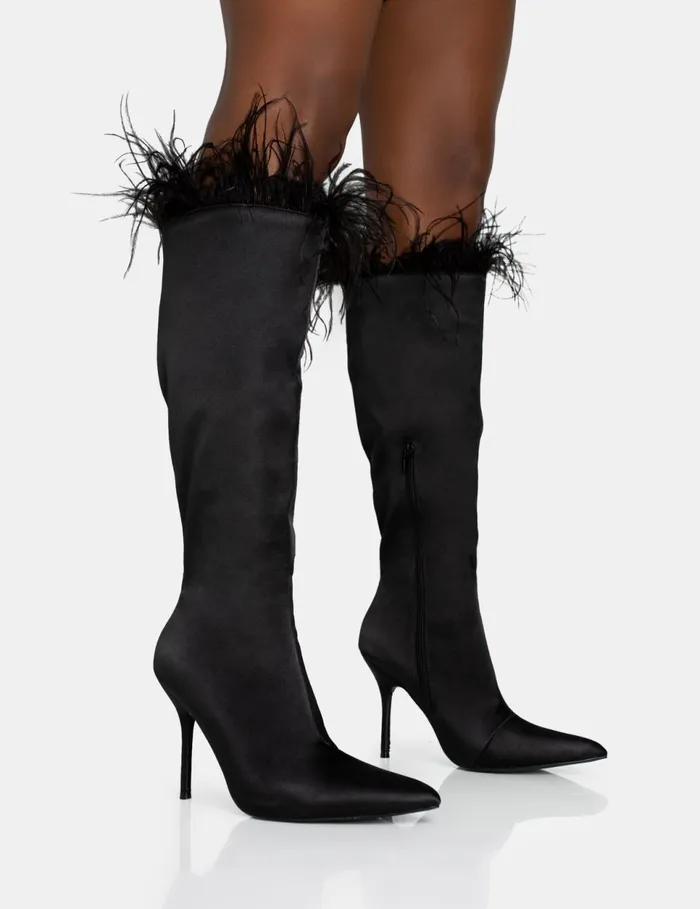 Women Baddie Black Satin Feather Pointed Toe Stiletto Knee High Boots Black Public Desire Long Boots Women Baddie Black Satin Feather Pointed Toe Stiletto Knee High Boots Black Public Desire Long Boots