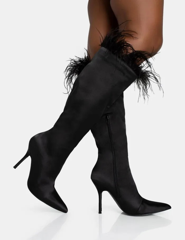 Women Baddie Black Satin Feather Pointed Toe Stiletto Knee High Boots Black Public Desire Long Boots