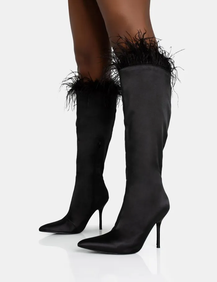 Women Baddie Black Satin Feather Pointed Toe Stiletto Knee High Boots Black Public Desire Long Boots
