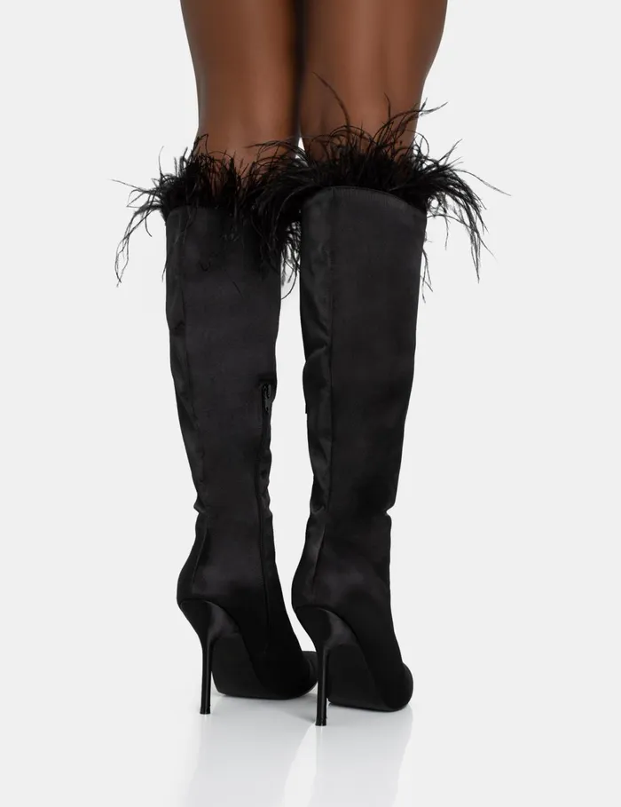 Women Baddie Black Satin Feather Pointed Toe Stiletto Knee High Boots Black Public Desire Long Boots