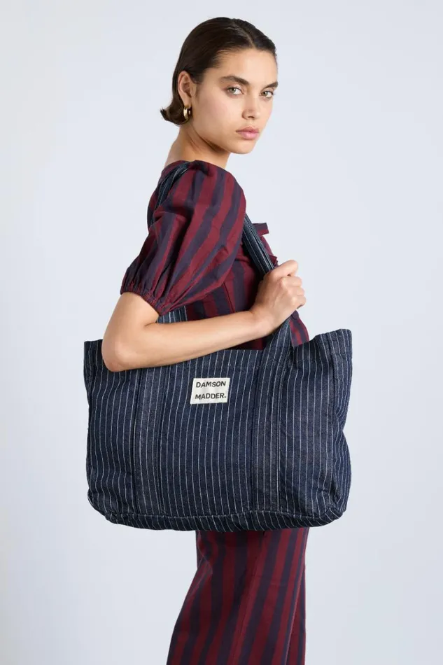 Women Bags Damson Madder Damson Tote Bag 8211 Denim Pinstripe