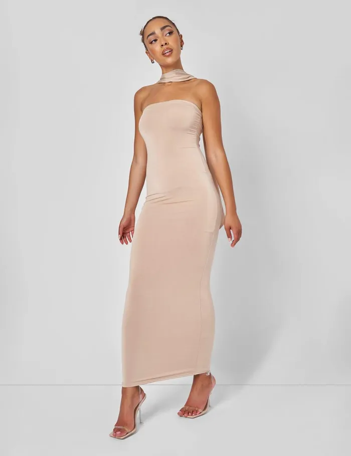 Women Bandeau Maxi Dress With Scarf Detail In Gold Gold Public Desire Dresses