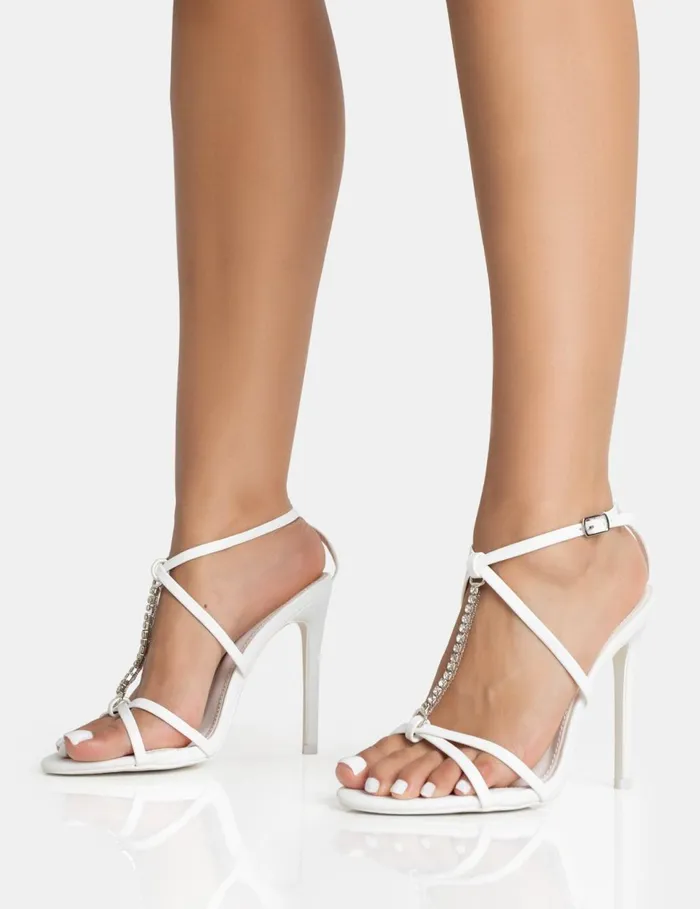 Women Beau Wide Fit White Pu Diamante Strappy Round Toe Stilettos Heels White Public Desire Wedding